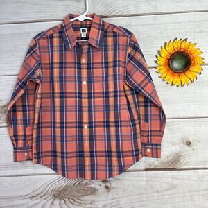 Janie and Jack Kids Plaid Button Down Shirt Salmon Blue Long Sleeve Size 5